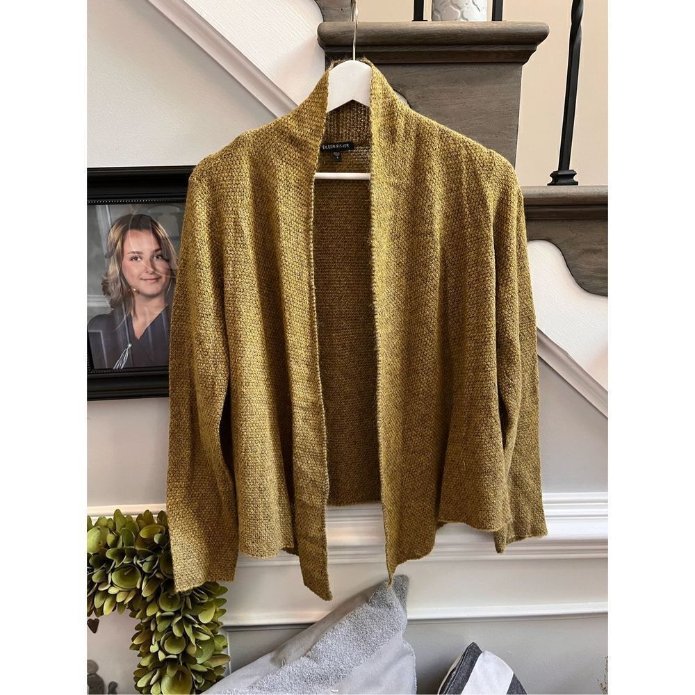 Eileen Fisher Green & Gray Luxury Yarn Knit Open Front Cardigan Sweater …
